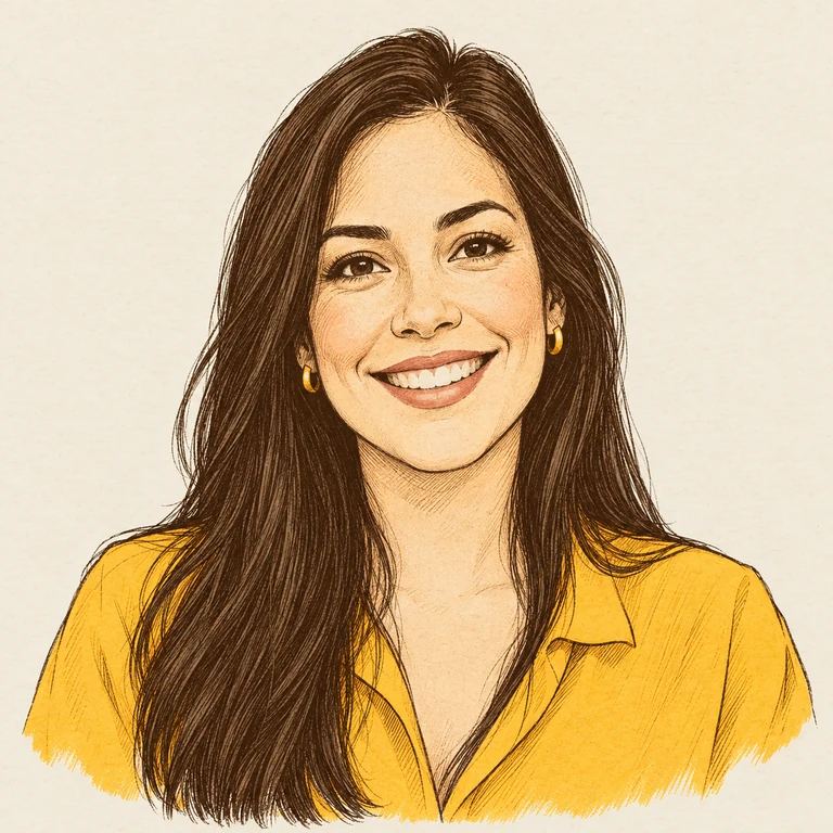 Caricatura de Sandra Rodríguez sonriente y con cabello lacio.